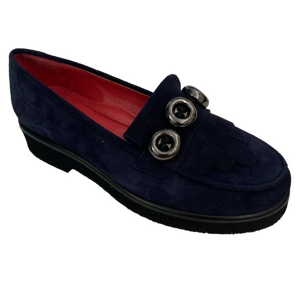 Pas De Rouge Navy Suede Loafer Shoe Casual Slip On Flat Button Round Moc… - Picture 1 of 10